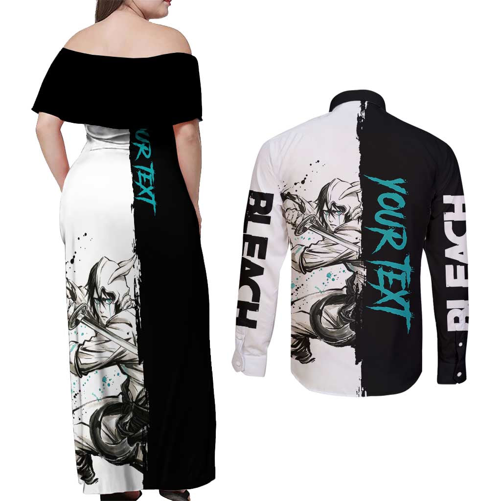 Personalized Ulquiorra Cifer Couples Matching Off Shoulder Maxi Dress and Long Sleeve Button Shirt Ink Splash Anime Brush Style