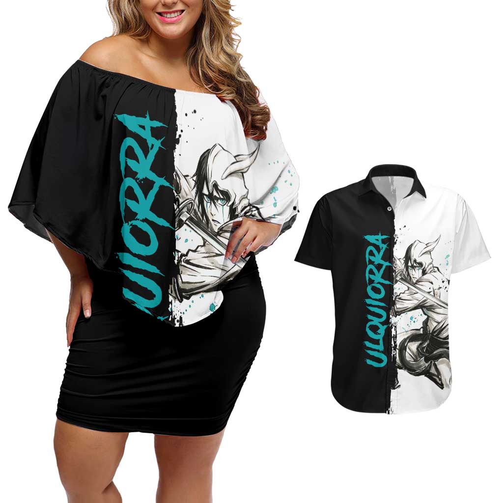 Personalized Ulquiorra Cifer Couples Matching Off Shoulder Short Dress and Hawaiian Shirt Ink Splash Anime Brush Style