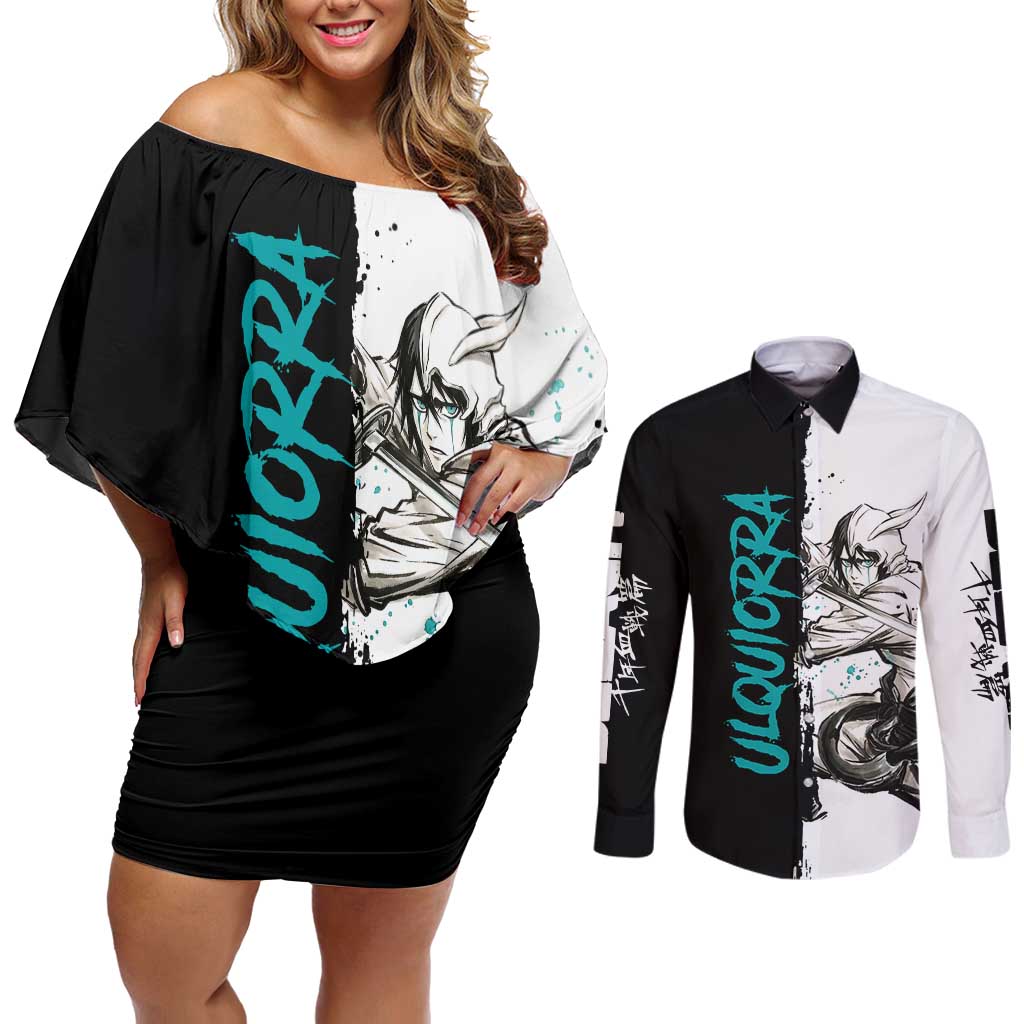 Personalized Ulquiorra Cifer Couples Matching Off Shoulder Short Dress and Long Sleeve Button Shirt Ink Splash Anime Brush Style