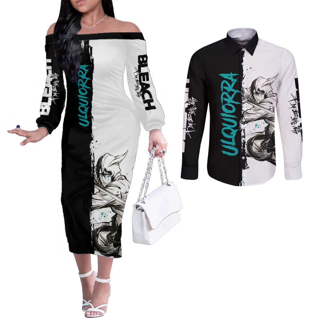 Personalized Ulquiorra Cifer Couples Matching Off The Shoulder Long Sleeve Dress and Long Sleeve Button Shirt Ink Splash Anime Brush Style