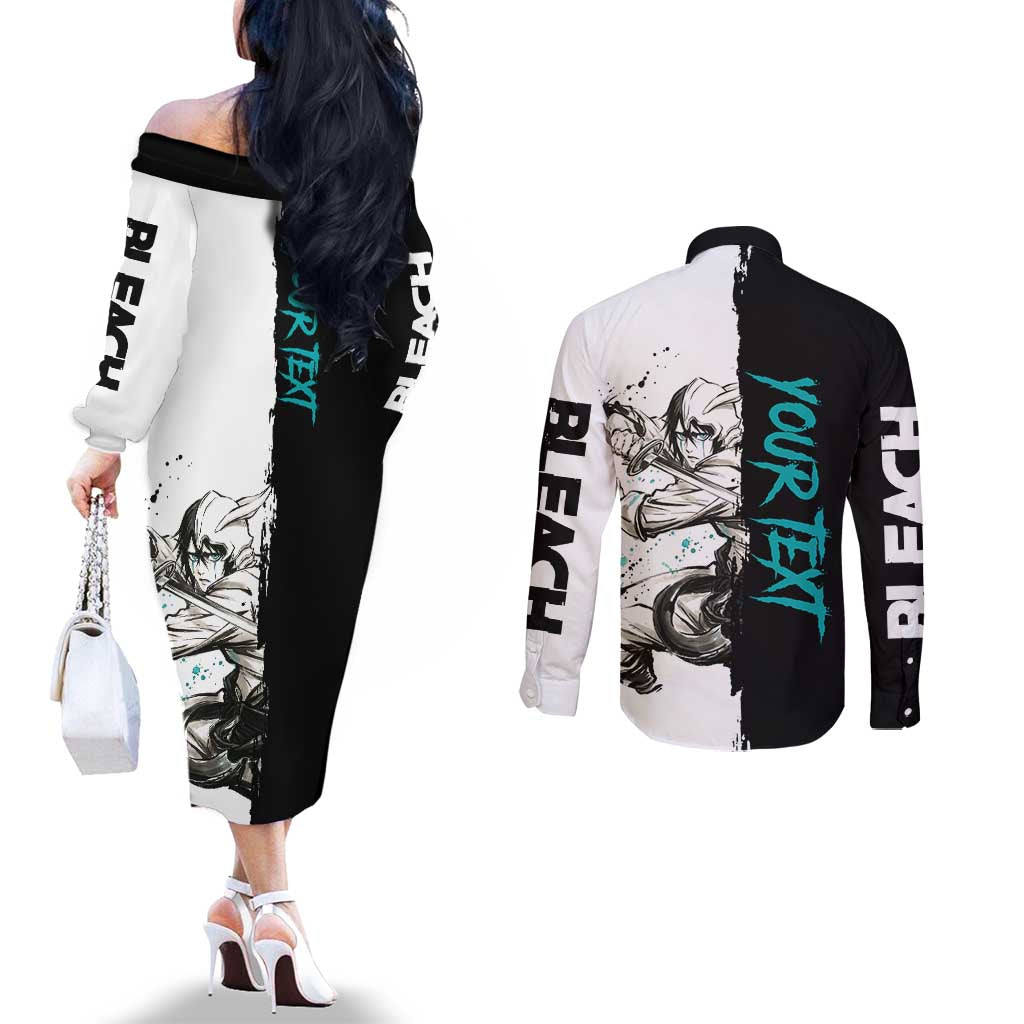 Personalized Ulquiorra Cifer Couples Matching Off The Shoulder Long Sleeve Dress and Long Sleeve Button Shirt Ink Splash Anime Brush Style