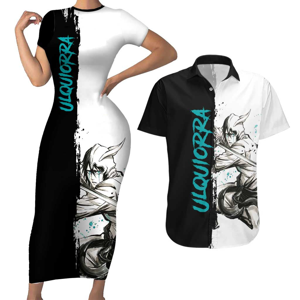 Personalized Ulquiorra Cifer Couples Matching Short Sleeve Bodycon Dress and Hawaiian Shirt Ink Splash Anime Brush Style