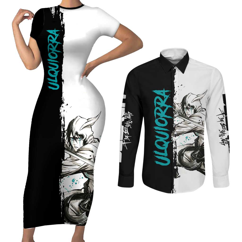Personalized Ulquiorra Cifer Couples Matching Short Sleeve Bodycon Dress and Long Sleeve Button Shirt Ink Splash Anime Brush Style