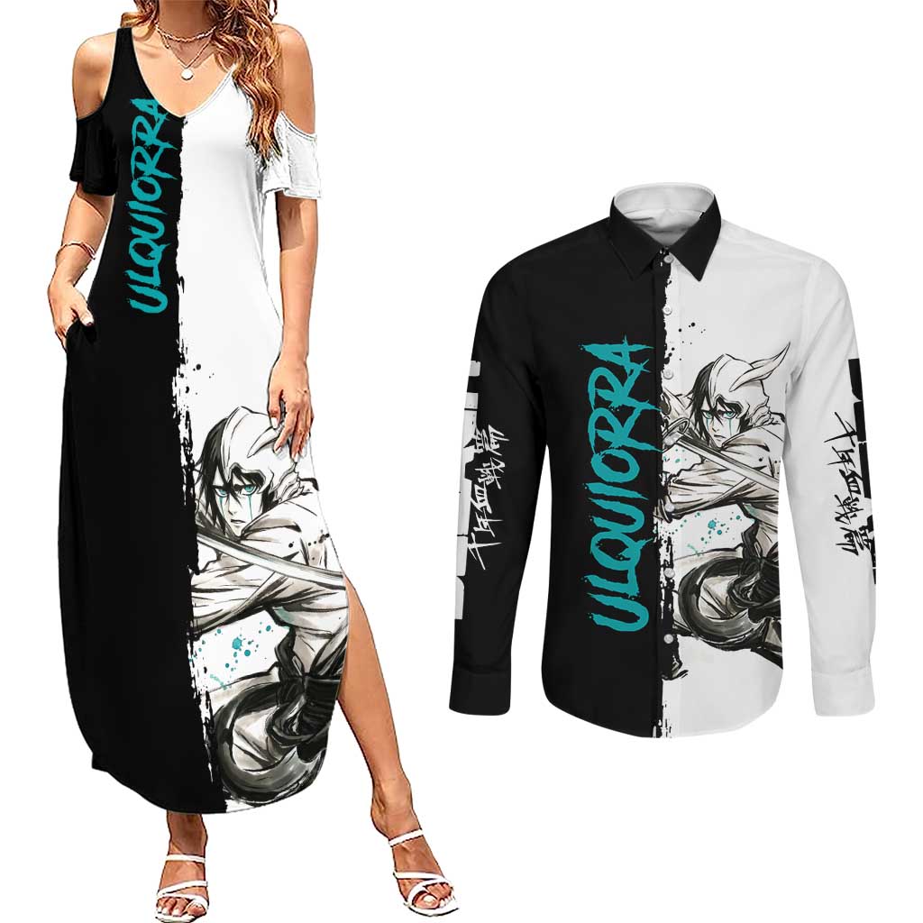 Personalized Ulquiorra Cifer Couples Matching Summer Maxi Dress and Long Sleeve Button Shirt Ink Splash Anime Brush Style