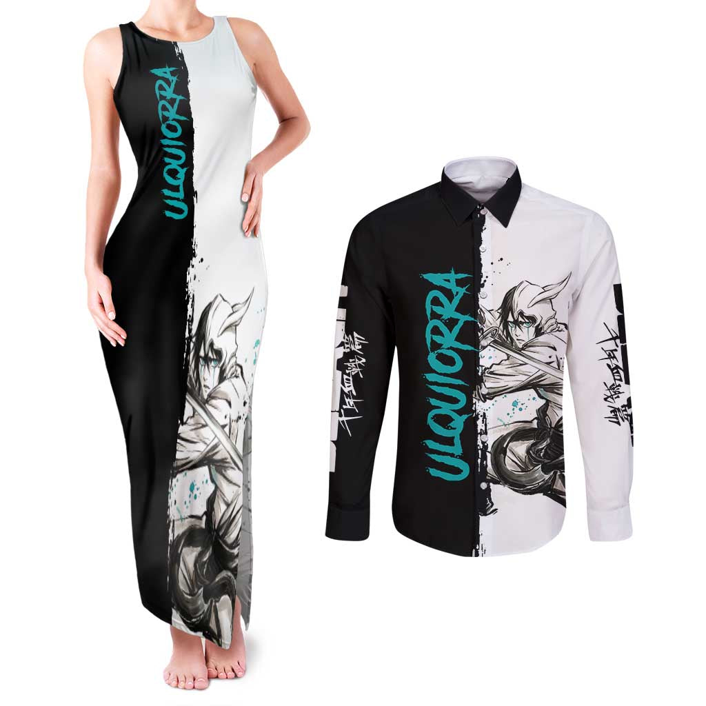 Personalized Ulquiorra Cifer Couples Matching Tank Maxi Dress and Long Sleeve Button Shirt Ink Splash Anime Brush Style