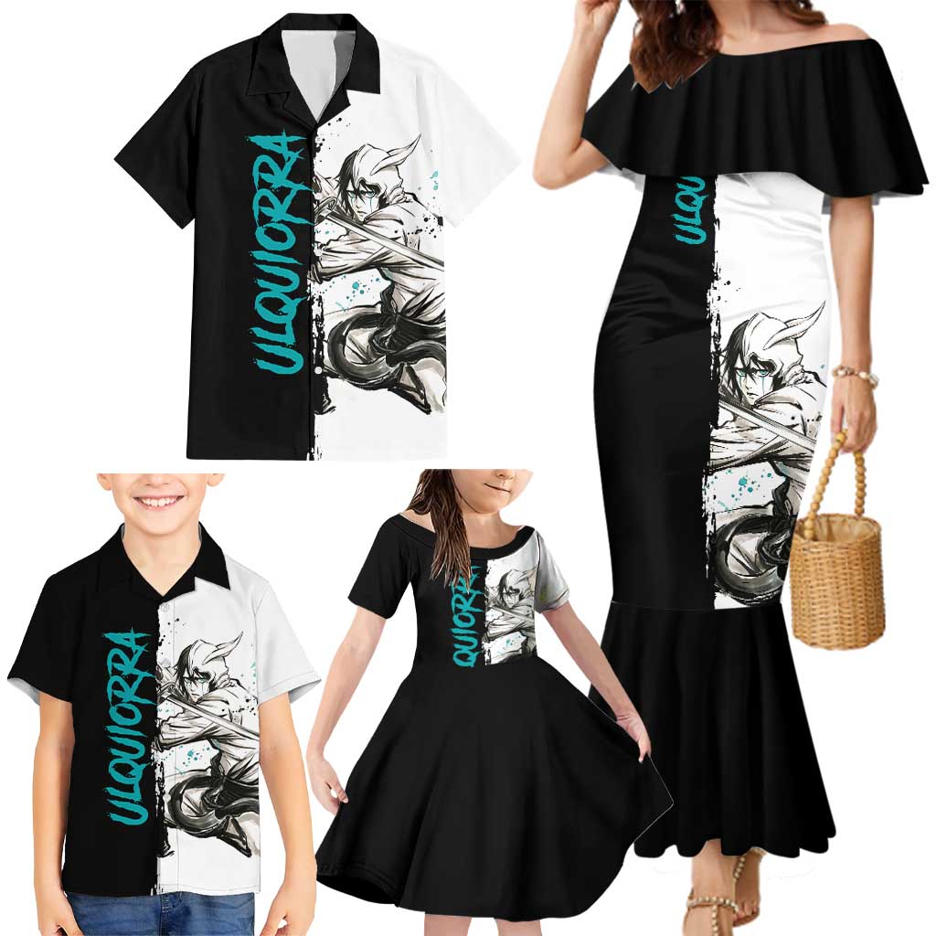Personalized Ulquiorra Cifer Family Matching Mermaid Dress and Hawaiian Shirt Ink Splash Anime Brush Style