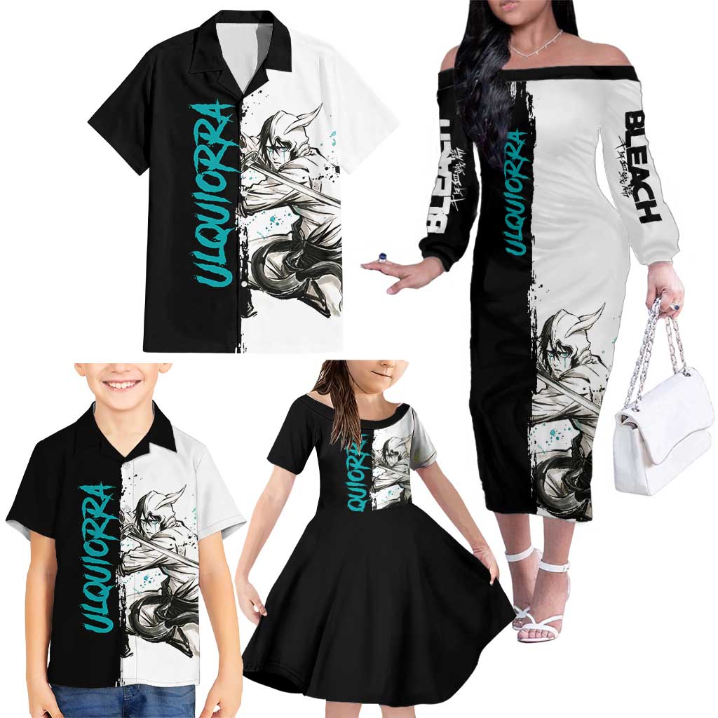 Personalized Ulquiorra Cifer Family Matching Off The Shoulder Long Sleeve Dress and Hawaiian Shirt Ink Splash Anime Brush Style