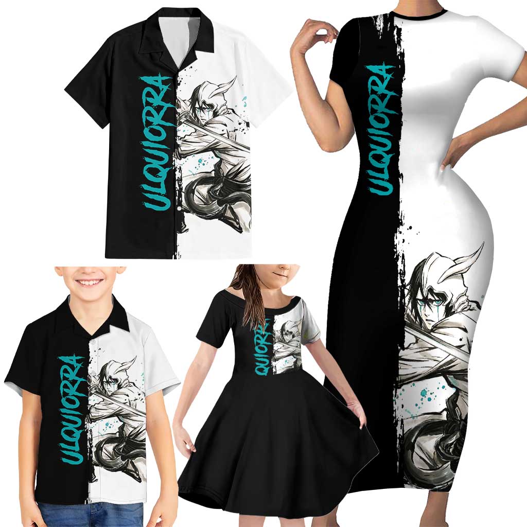 Personalized Ulquiorra Cifer Family Matching Short Sleeve Bodycon Dress and Hawaiian Shirt Ink Splash Anime Brush Style