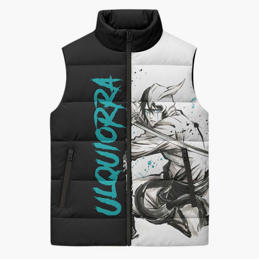 Personalized Ulquiorra Cifer Sleeveless Puffer Jacket Ink Splash Anime Brush Style