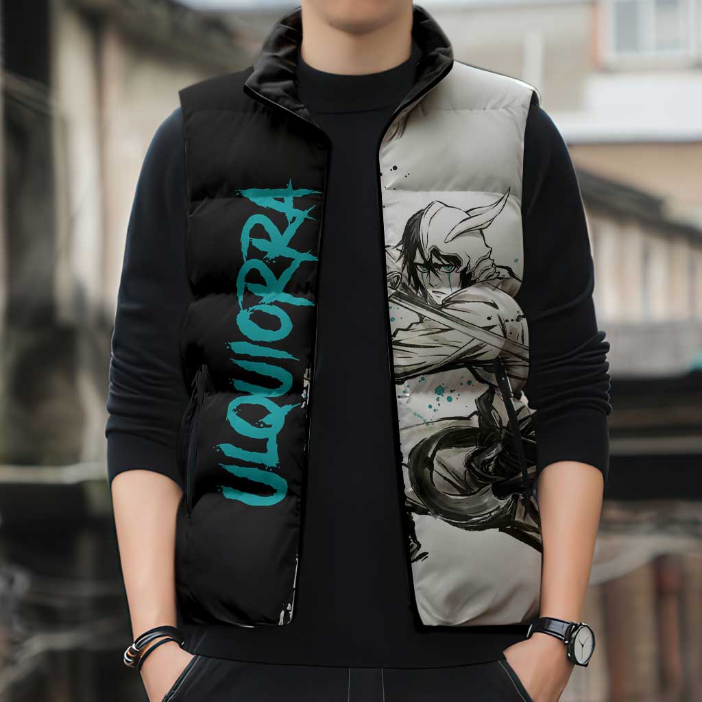 Personalized Ulquiorra Cifer Sleeveless Puffer Jacket Ink Splash Anime Brush Style