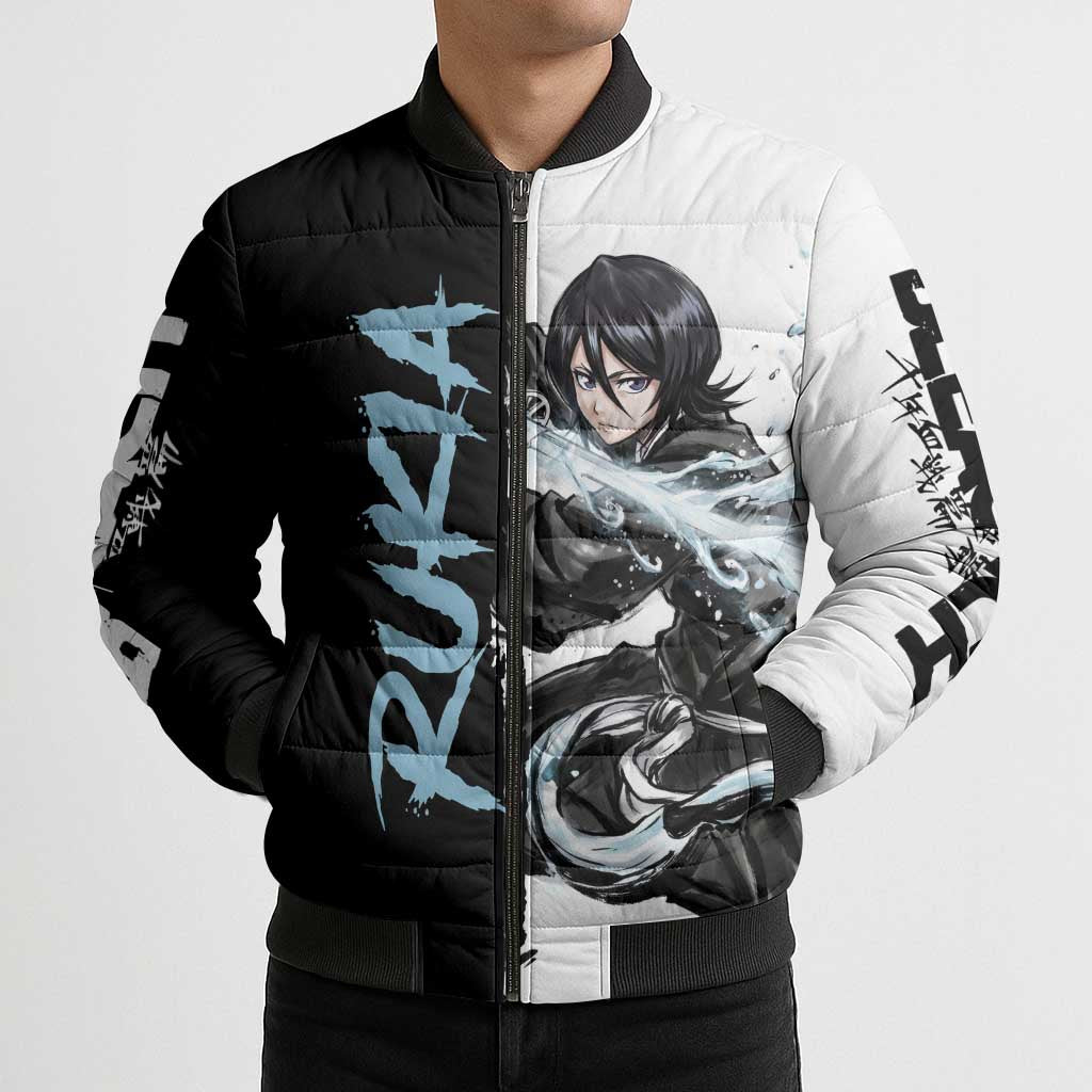 Personalized Rukia Kuchiki Bomber Puffer Jacket Ink Splash Anime Brush Style