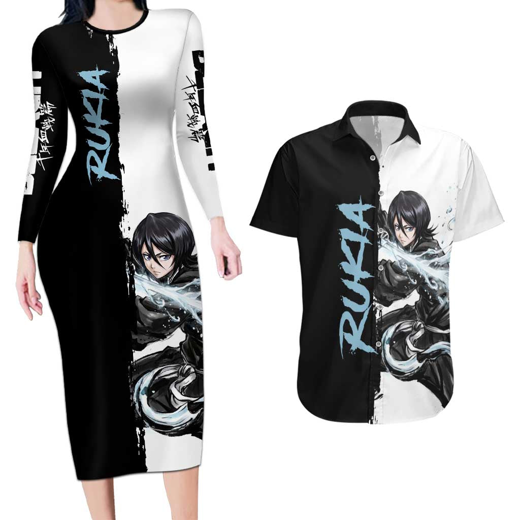 Personalized Rukia Kuchiki Couples Matching Long Sleeve Bodycon Dress and Hawaiian Shirt Ink Splash Anime Brush Style