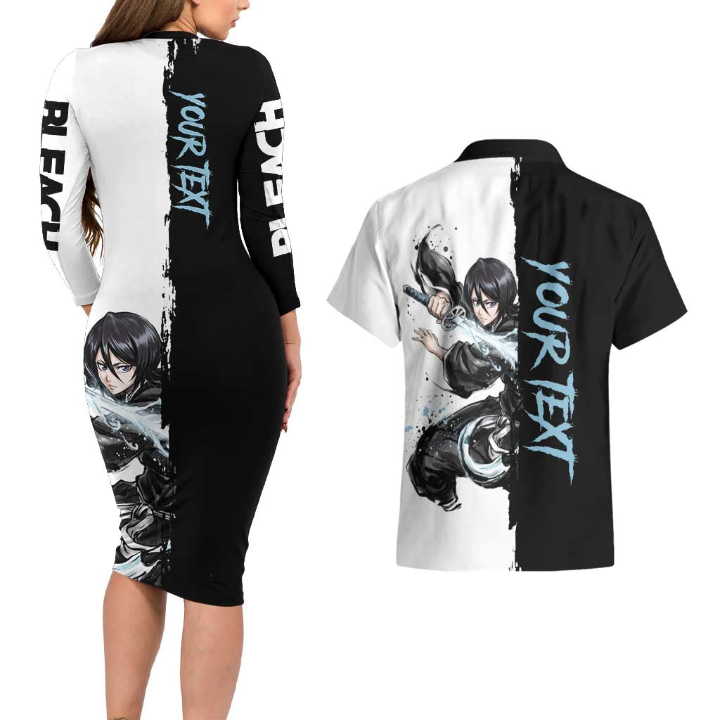 Personalized Rukia Kuchiki Couples Matching Long Sleeve Bodycon Dress and Hawaiian Shirt Ink Splash Anime Brush Style