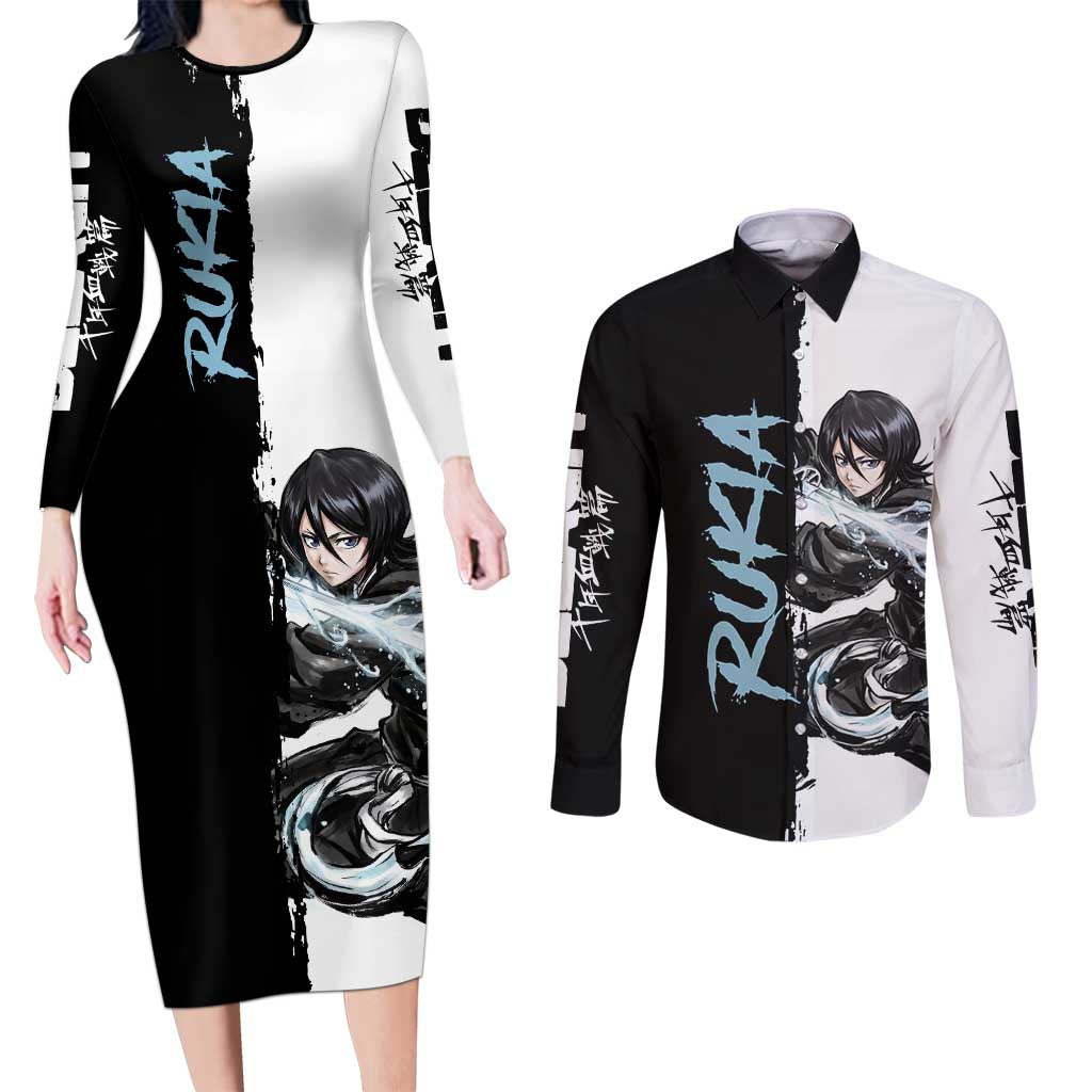 Personalized Rukia Kuchiki Couples Matching Long Sleeve Bodycon Dress and Long Sleeve Button Shirt Ink Splash Anime Brush Style
