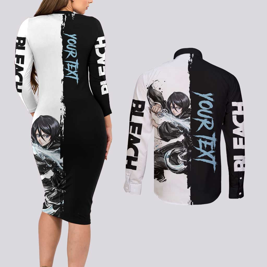 Personalized Rukia Kuchiki Couples Matching Long Sleeve Bodycon Dress and Long Sleeve Button Shirt Ink Splash Anime Brush Style