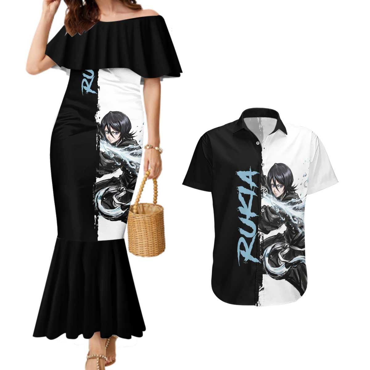 Personalized Rukia Kuchiki Couples Matching Mermaid Dress and Hawaiian Shirt Ink Splash Anime Brush Style