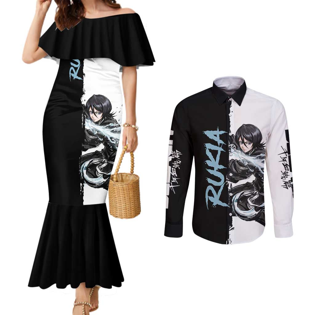 Personalized Rukia Kuchiki Couples Matching Mermaid Dress and Long Sleeve Button Shirt Ink Splash Anime Brush Style