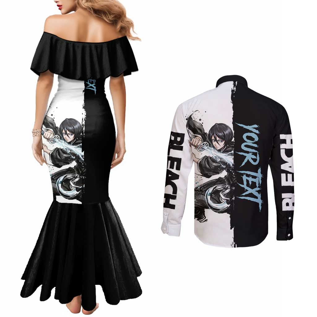 Personalized Rukia Kuchiki Couples Matching Mermaid Dress and Long Sleeve Button Shirt Ink Splash Anime Brush Style