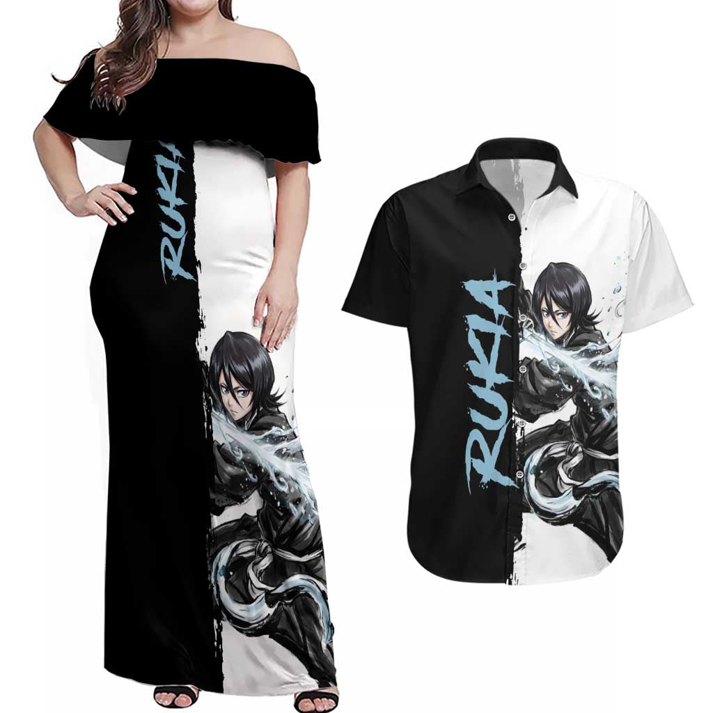 Personalized Rukia Kuchiki Couples Matching Off Shoulder Maxi Dress and Hawaiian Shirt Ink Splash Anime Brush Style