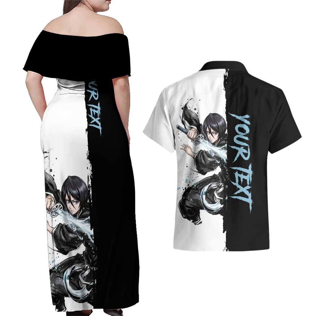 Personalized Rukia Kuchiki Couples Matching Off Shoulder Maxi Dress and Hawaiian Shirt Ink Splash Anime Brush Style