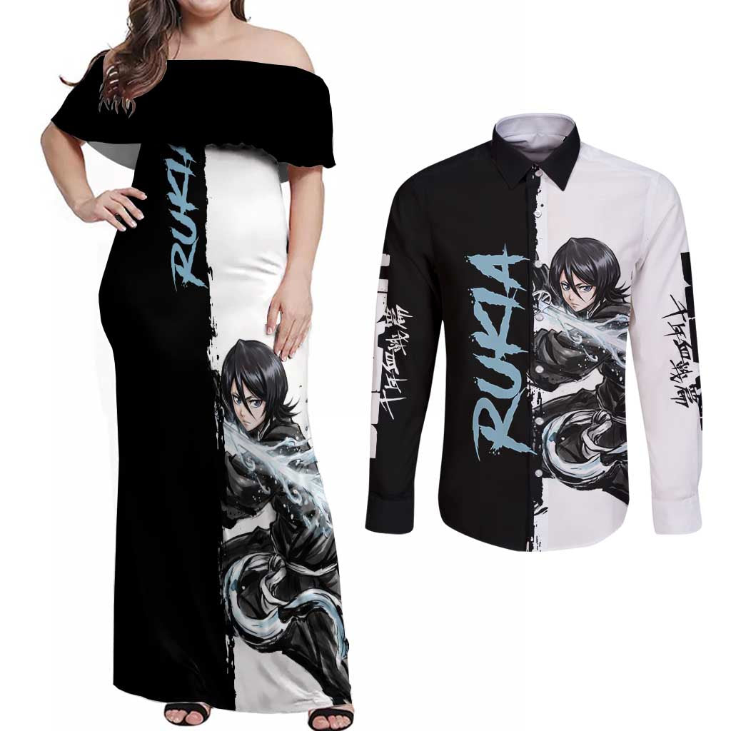 Personalized Rukia Kuchiki Couples Matching Off Shoulder Maxi Dress and Long Sleeve Button Shirt Ink Splash Anime Brush Style