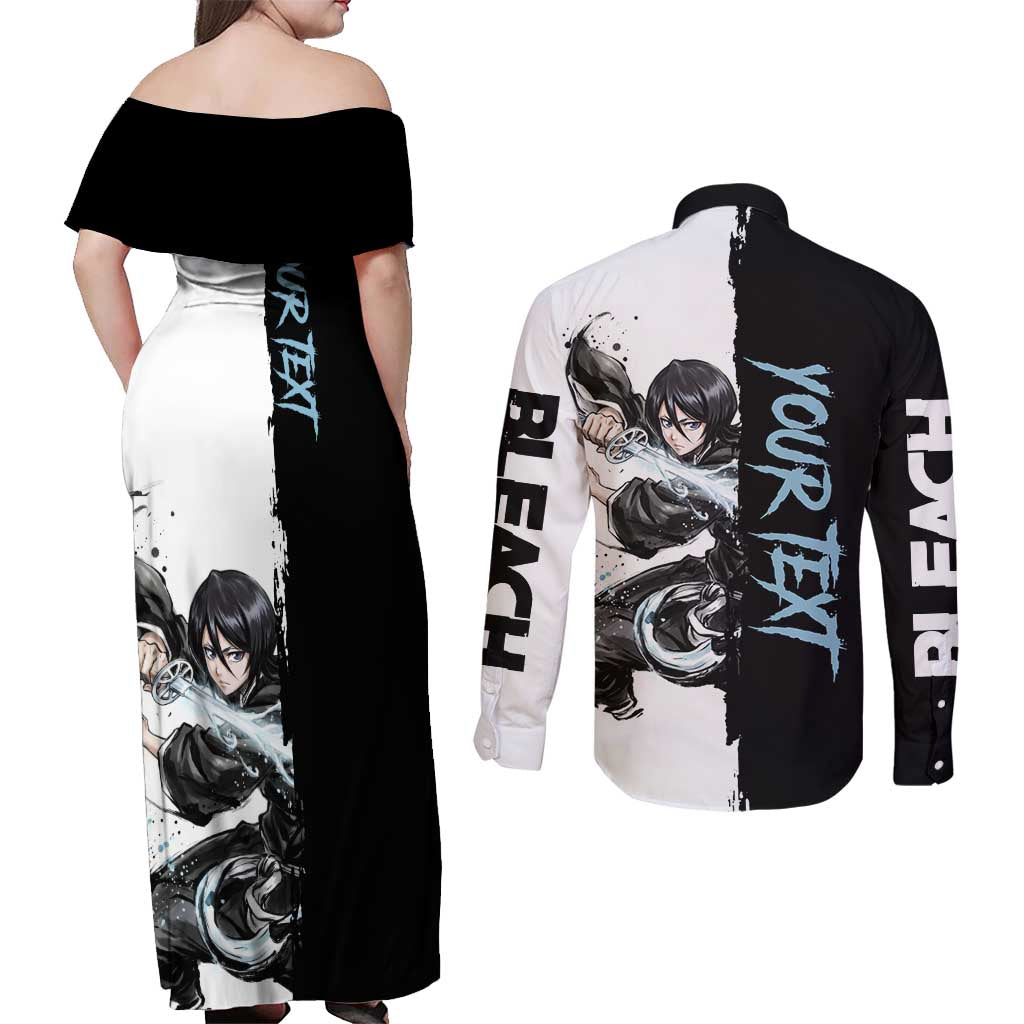 Personalized Rukia Kuchiki Couples Matching Off Shoulder Maxi Dress and Long Sleeve Button Shirt Ink Splash Anime Brush Style