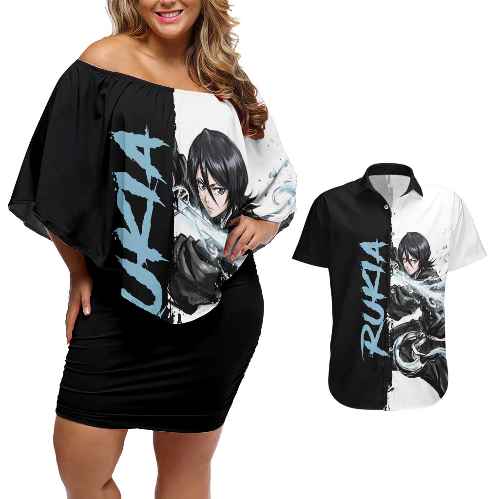 Personalized Rukia Kuchiki Couples Matching Off Shoulder Short Dress and Hawaiian Shirt Ink Splash Anime Brush Style