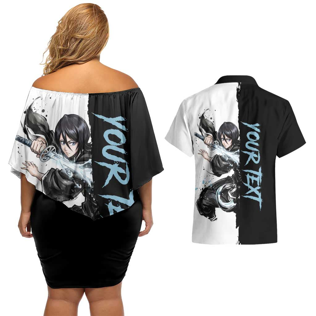 Personalized Rukia Kuchiki Couples Matching Off Shoulder Short Dress and Hawaiian Shirt Ink Splash Anime Brush Style