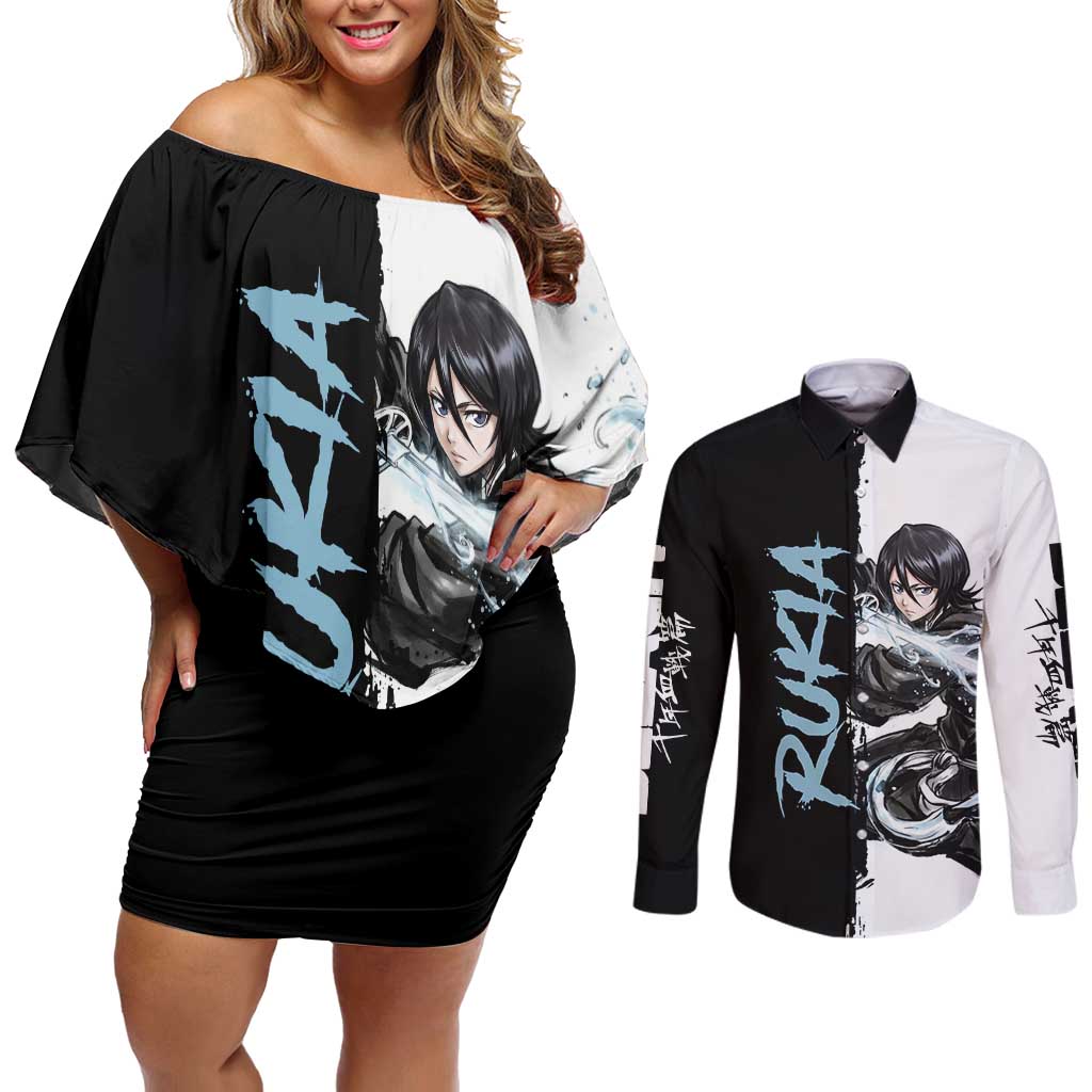 Personalized Rukia Kuchiki Couples Matching Off Shoulder Short Dress and Long Sleeve Button Shirt Ink Splash Anime Brush Style