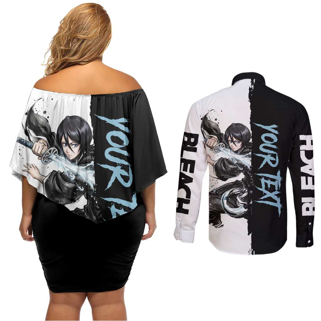 Personalized Rukia Kuchiki Couples Matching Off Shoulder Short Dress and Long Sleeve Button Shirt Ink Splash Anime Brush Style
