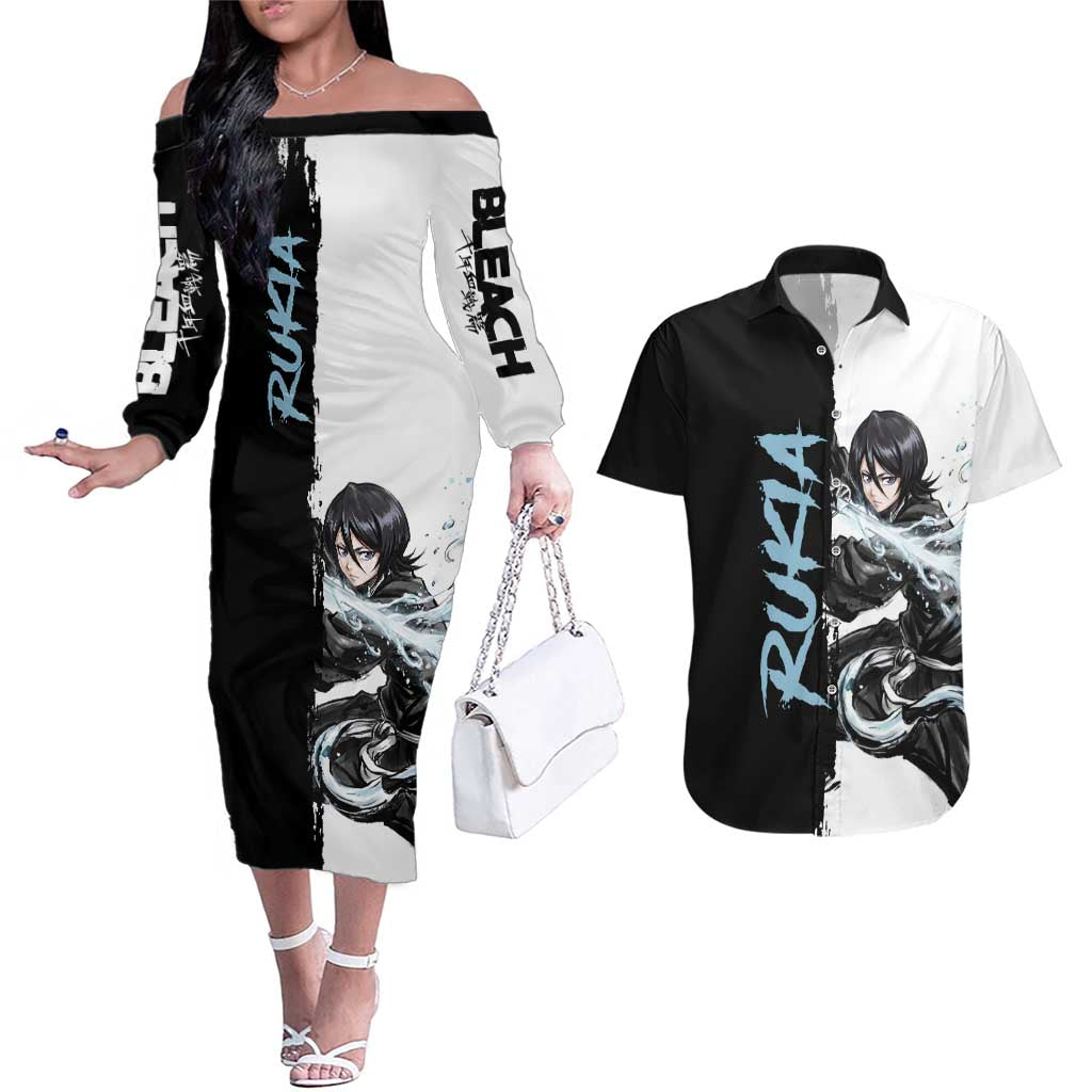 Personalized Rukia Kuchiki Couples Matching Off The Shoulder Long Sleeve Dress and Hawaiian Shirt Ink Splash Anime Brush Style