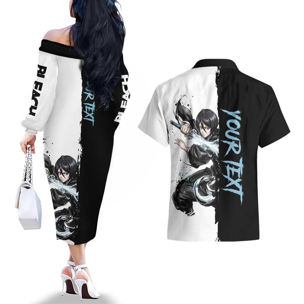 Personalized Rukia Kuchiki Couples Matching Off The Shoulder Long Sleeve Dress and Hawaiian Shirt Ink Splash Anime Brush Style