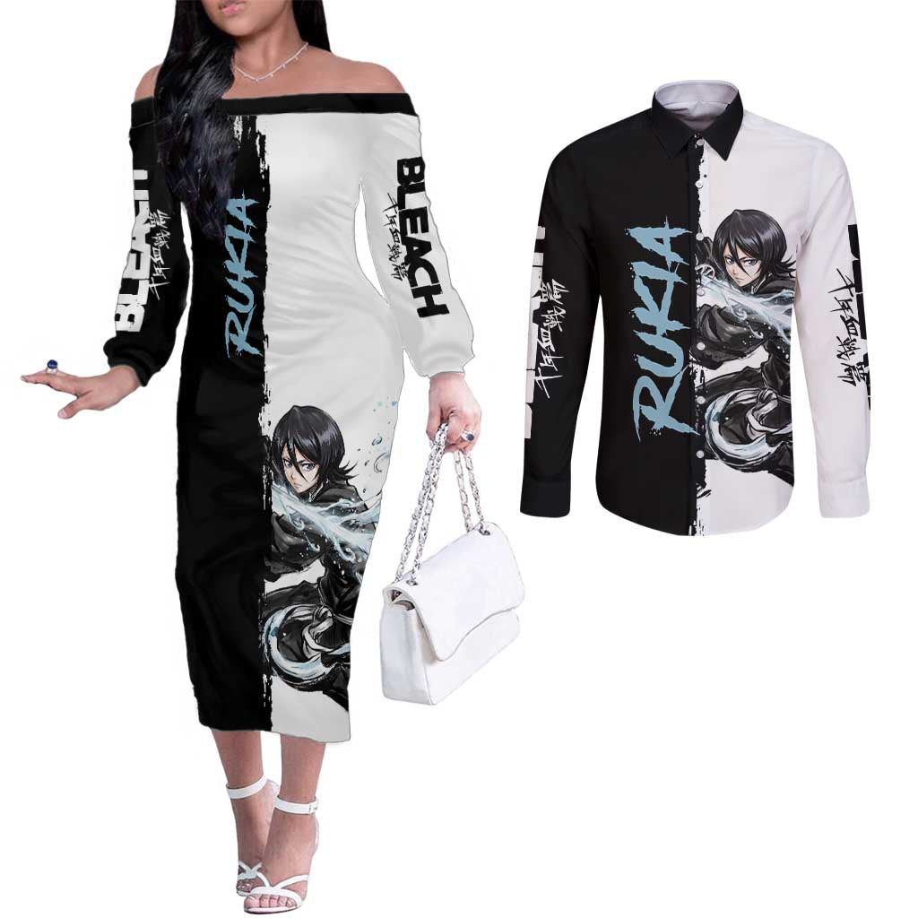 Personalized Rukia Kuchiki Couples Matching Off The Shoulder Long Sleeve Dress and Long Sleeve Button Shirt Ink Splash Anime Brush Style