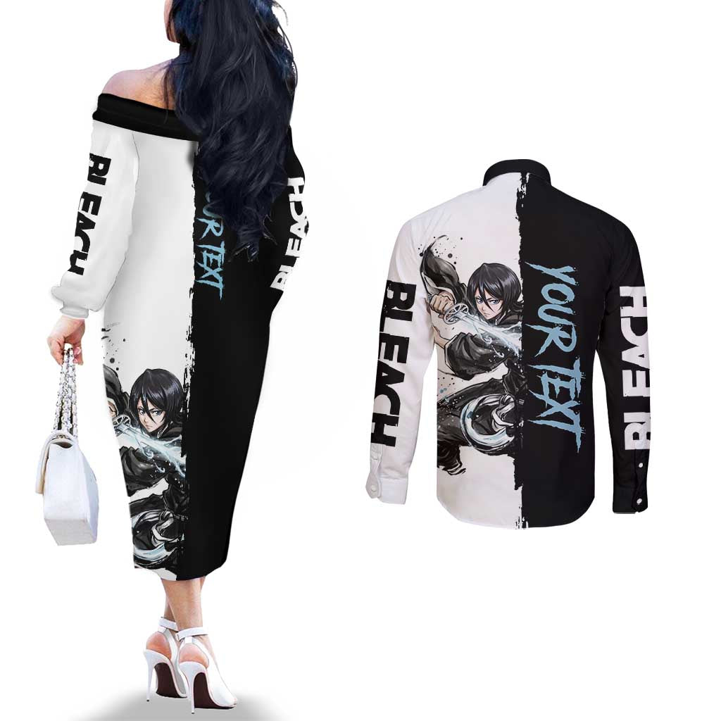 Personalized Rukia Kuchiki Couples Matching Off The Shoulder Long Sleeve Dress and Long Sleeve Button Shirt Ink Splash Anime Brush Style