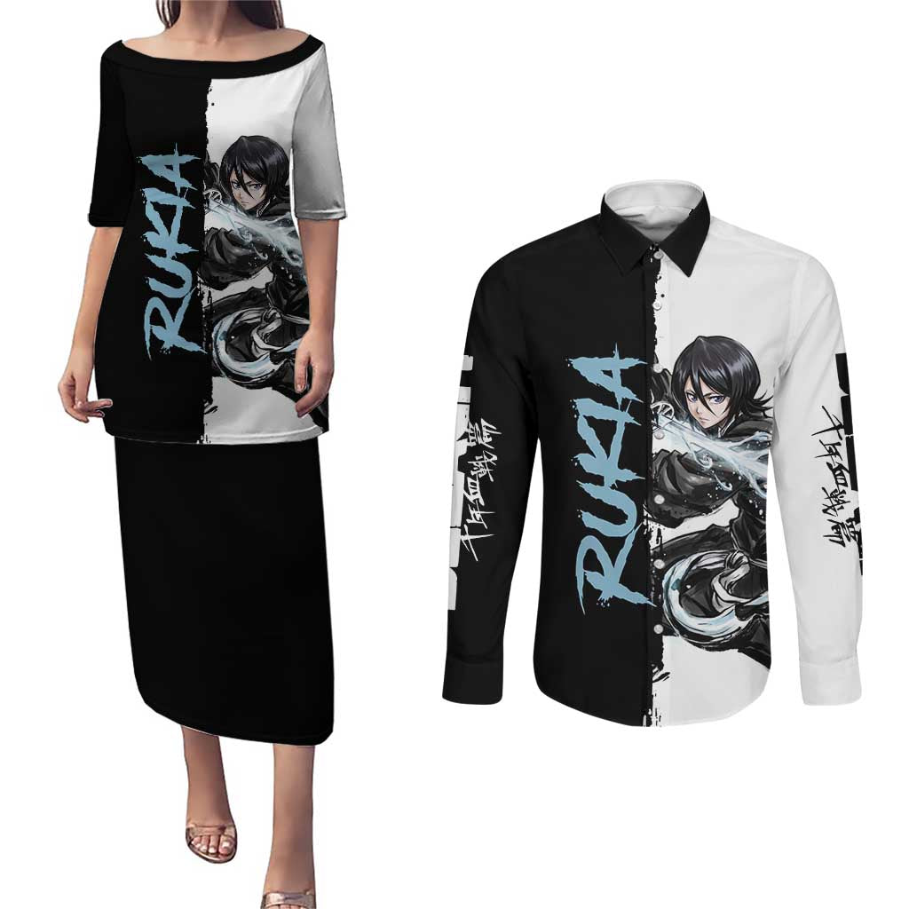 Personalized Rukia Kuchiki Couples Matching Puletasi and Long Sleeve Button Shirt Ink Splash Anime Brush Style