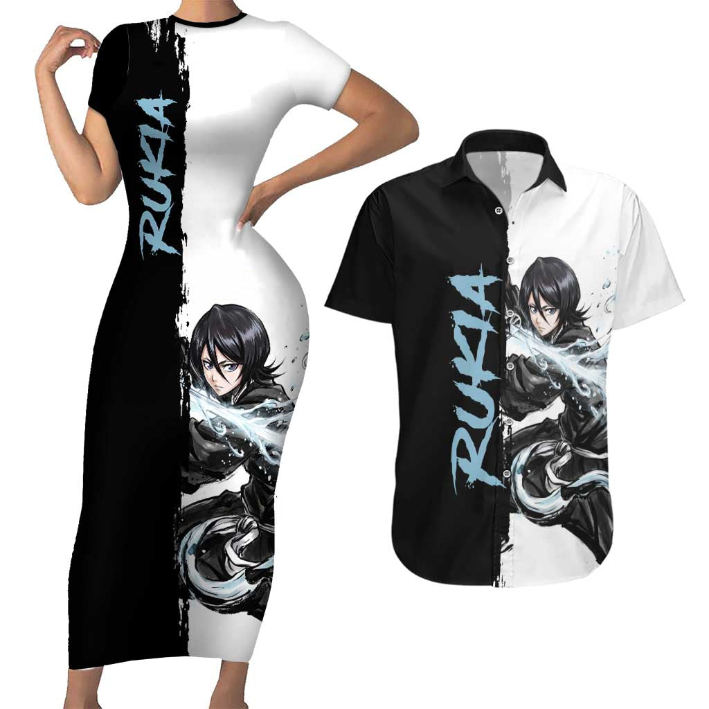 Personalized Rukia Kuchiki Couples Matching Short Sleeve Bodycon Dress and Hawaiian Shirt Ink Splash Anime Brush Style