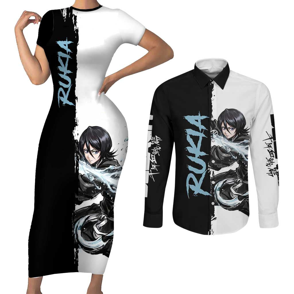 Personalized Rukia Kuchiki Couples Matching Short Sleeve Bodycon Dress and Long Sleeve Button Shirt Ink Splash Anime Brush Style
