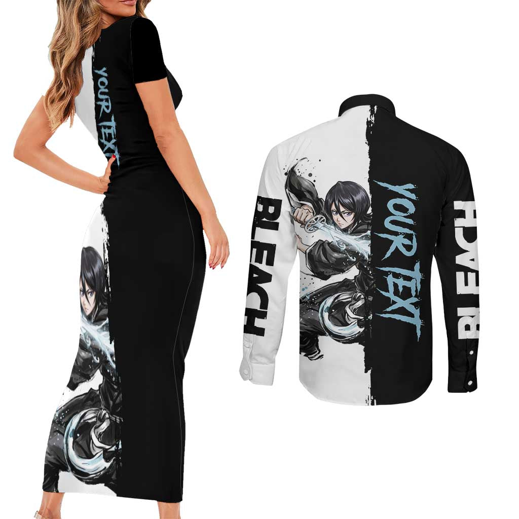 Personalized Rukia Kuchiki Couples Matching Short Sleeve Bodycon Dress and Long Sleeve Button Shirt Ink Splash Anime Brush Style