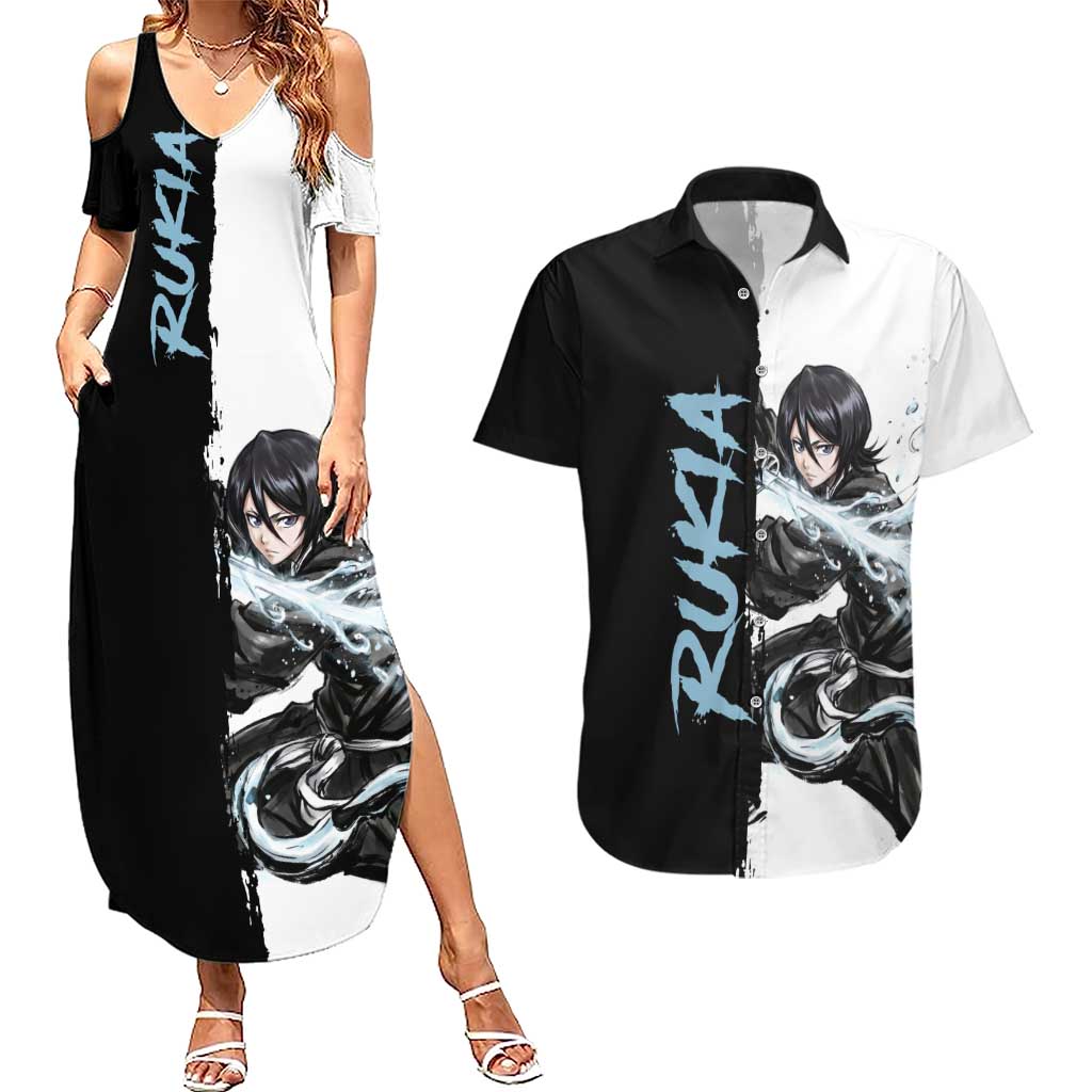 Personalized Rukia Kuchiki Couples Matching Summer Maxi Dress and Hawaiian Shirt Ink Splash Anime Brush Style