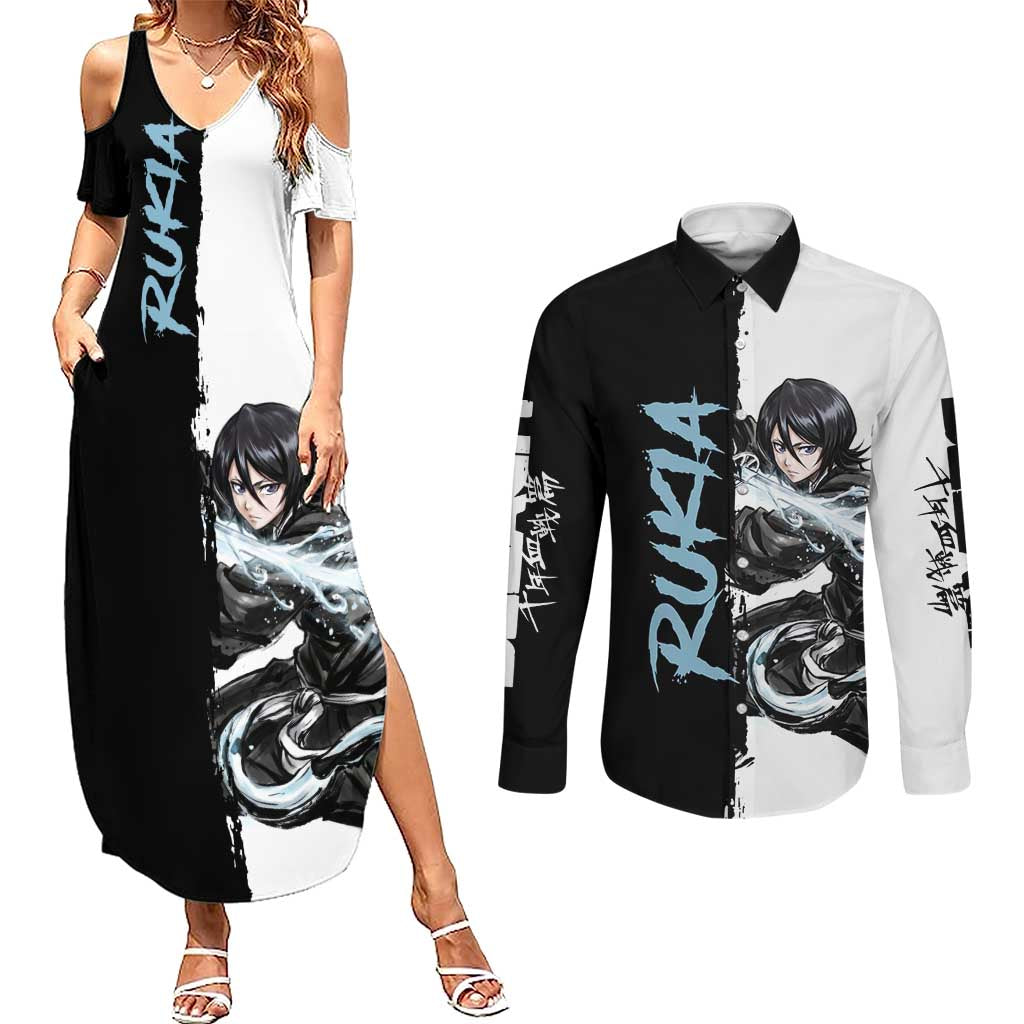 Personalized Rukia Kuchiki Couples Matching Summer Maxi Dress and Long Sleeve Button Shirt Ink Splash Anime Brush Style