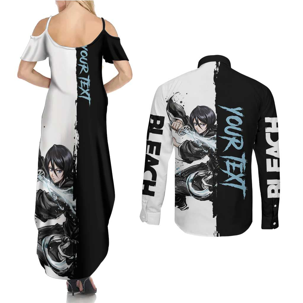 Personalized Rukia Kuchiki Couples Matching Summer Maxi Dress and Long Sleeve Button Shirt Ink Splash Anime Brush Style
