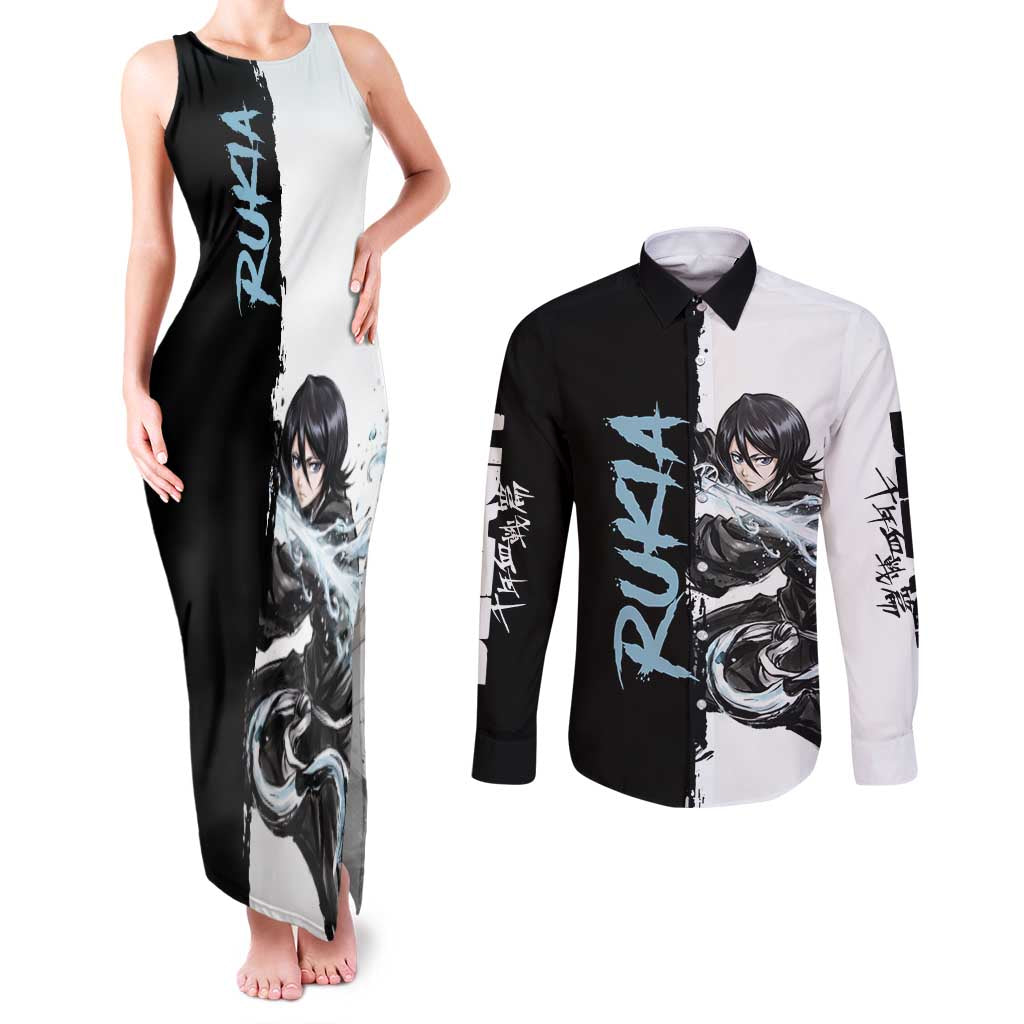 Personalized Rukia Kuchiki Couples Matching Tank Maxi Dress and Long Sleeve Button Shirt Ink Splash Anime Brush Style