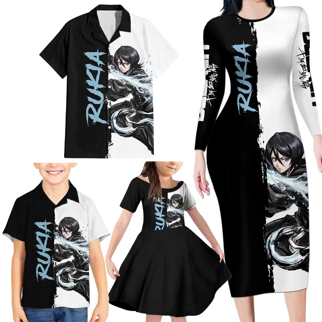 Personalized Rukia Kuchiki Family Matching Long Sleeve Bodycon Dress and Hawaiian Shirt Ink Splash Anime Brush Style