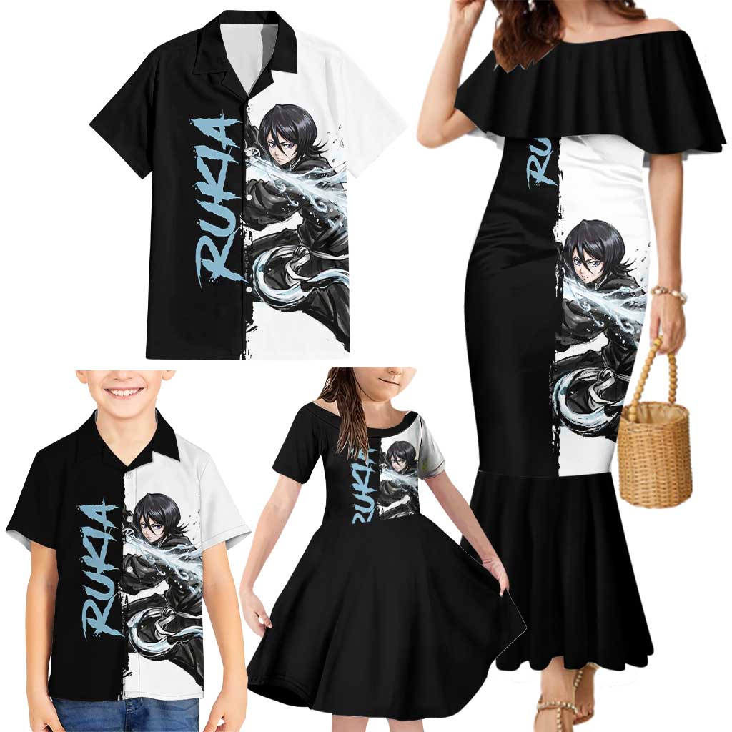 Personalized Rukia Kuchiki Family Matching Mermaid Dress and Hawaiian Shirt Ink Splash Anime Brush Style