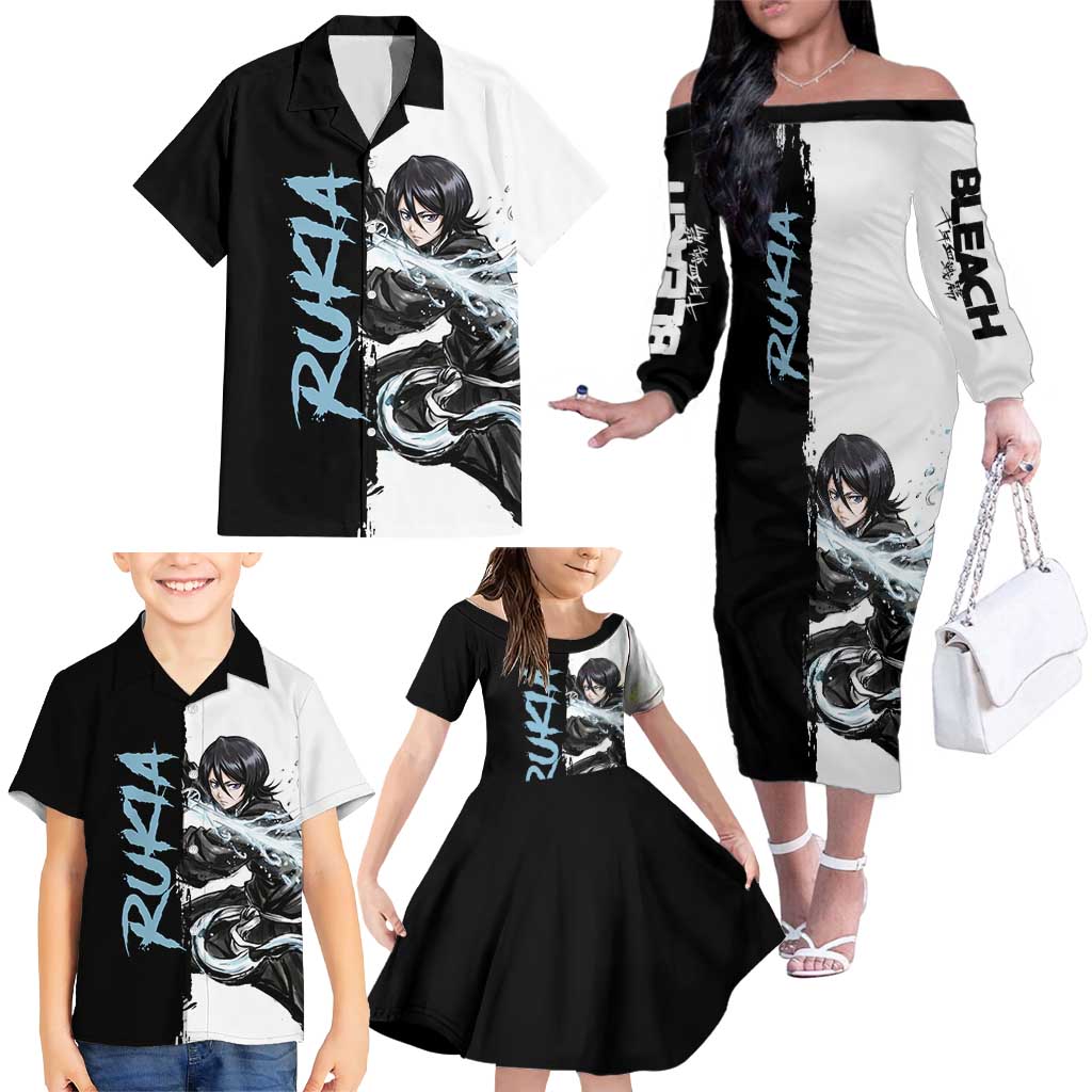 Personalized Rukia Kuchiki Family Matching Off The Shoulder Long Sleeve Dress and Hawaiian Shirt Ink Splash Anime Brush Style