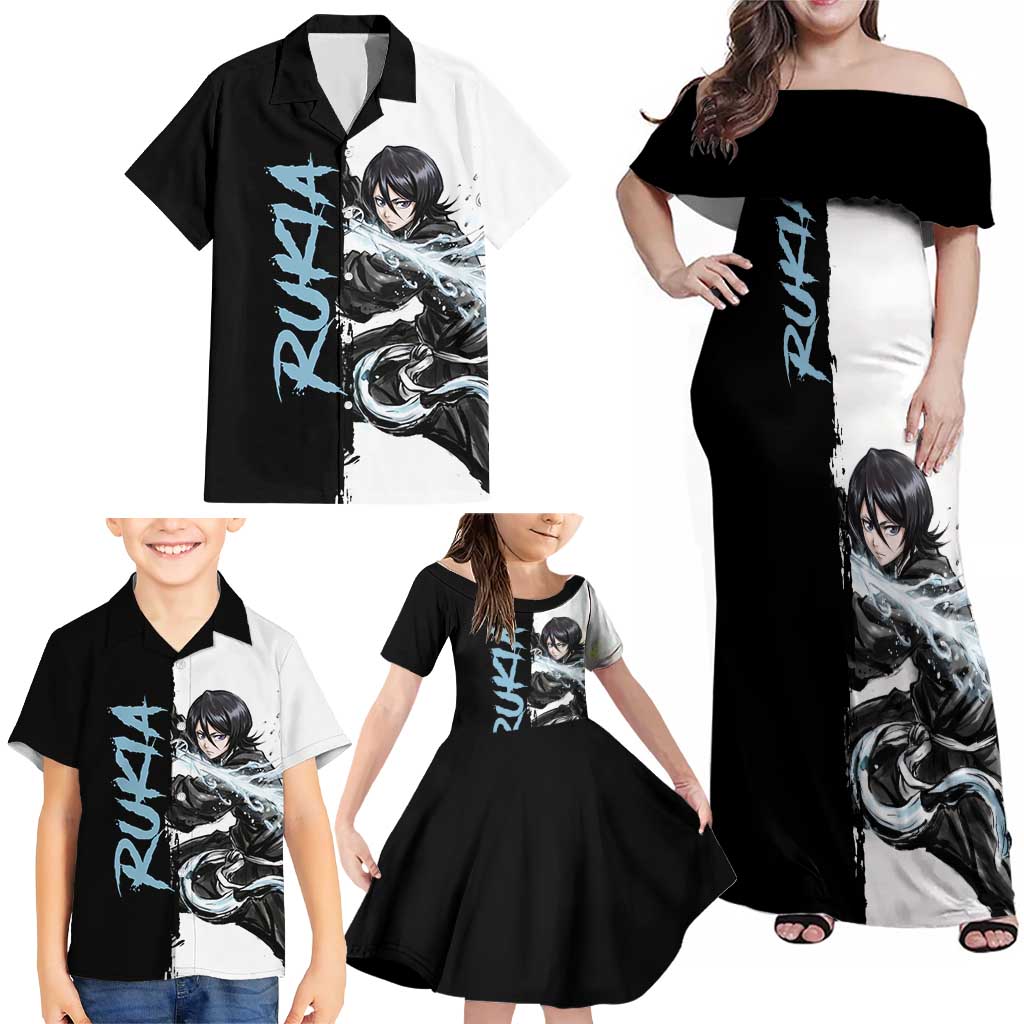 Personalized Rukia Kuchiki Family Matching Off Shoulder Maxi Dress and Hawaiian Shirt Ink Splash Anime Brush Style