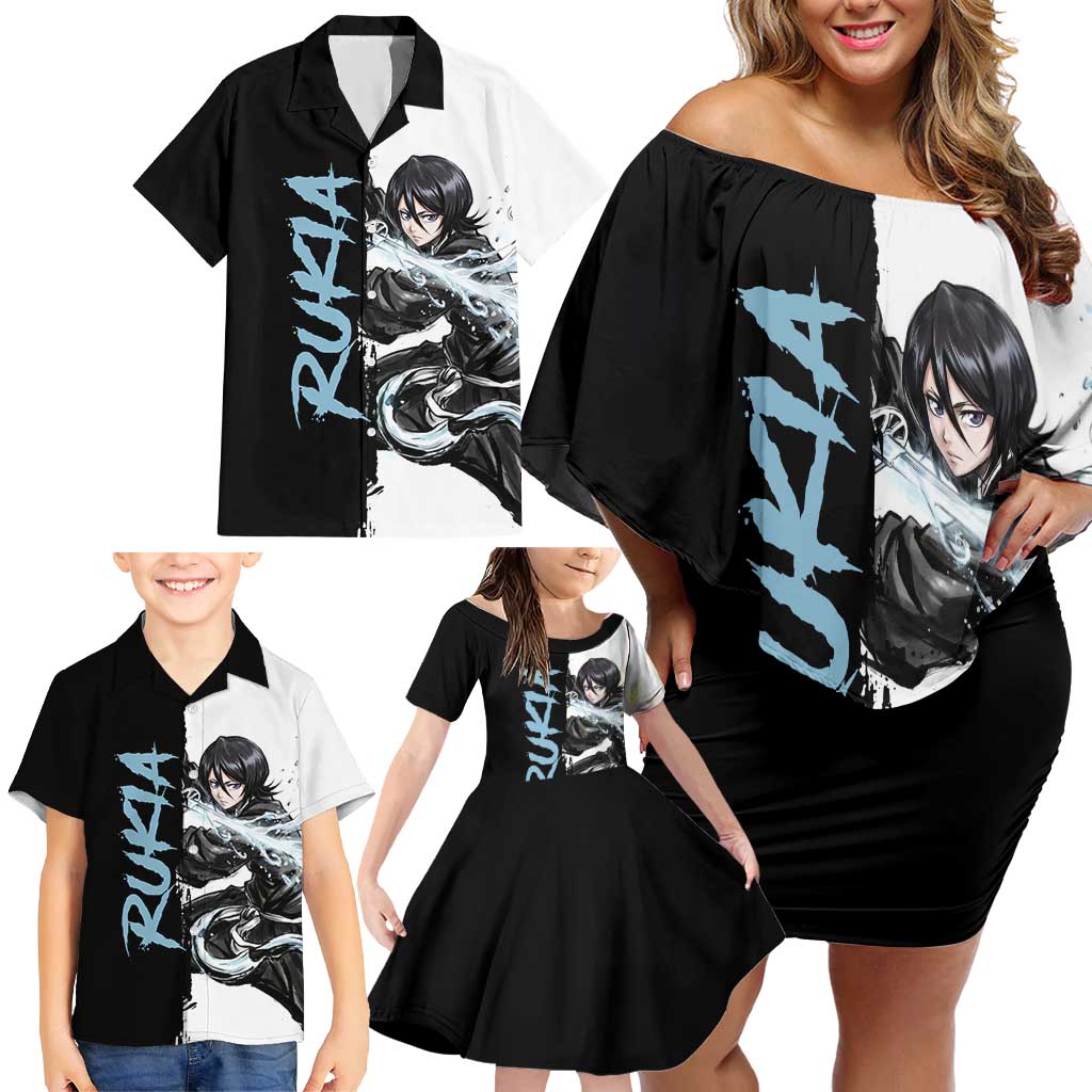 Personalized Rukia Kuchiki Family Matching Off Shoulder Short Dress and Hawaiian Shirt Ink Splash Anime Brush Style