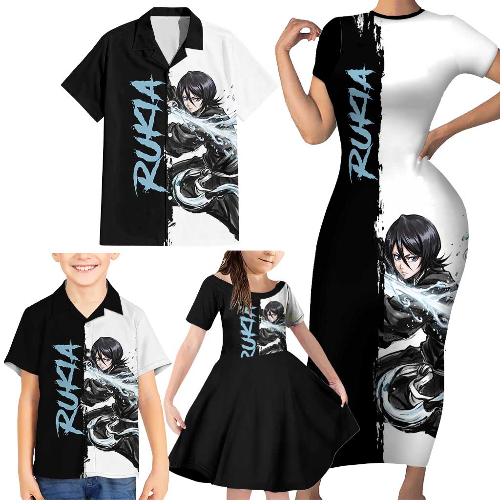 Personalized Rukia Kuchiki Family Matching Short Sleeve Bodycon Dress and Hawaiian Shirt Ink Splash Anime Brush Style