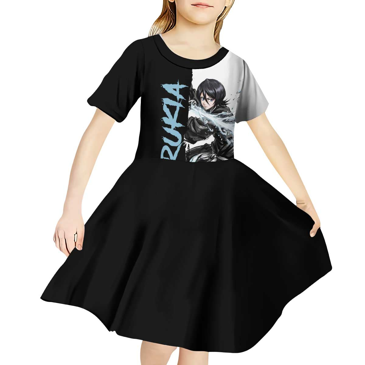 Personalized Rukia Kuchiki Kid Short Sleeve Dress Ink Splash Anime Brush Style