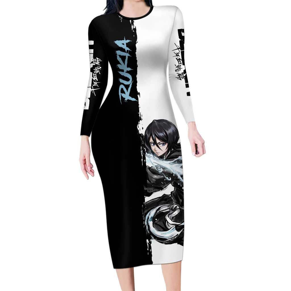 Personalized Rukia Kuchiki Long Sleeve Bodycon Dress Ink Splash Anime Brush Style